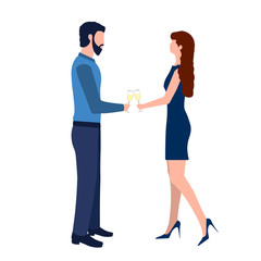 Fototapeta na wymiar Young couple with wine glasses of champagne celebrate Christmas, Valentine's Day, wedding anniversary or other holiday. Isolated man and woman on white background. Flat cartoon vector illustration.