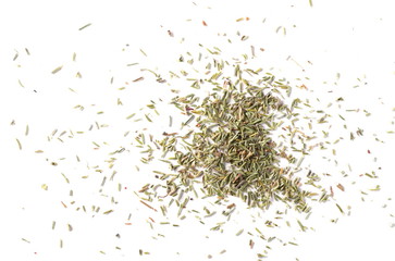 Dry thyme pile isolated on white background, top view 