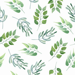 Botanical watercolor seamless pattern with green leaves and branches on white background, for decoration and design of fabric and paper, invitations.