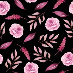 Papier peint Roses Aquarelle florale transparente avec fleurs roses et herbes sauvages, feuilles et branches sur fond noir.