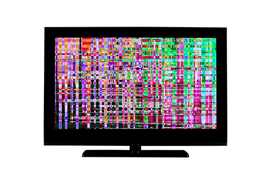 full hd monitor or TV with digital glitches, distortions on the screen isolated on white background