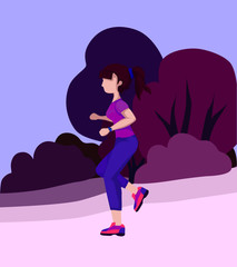 girl running park forest jogging sport woman vector flat design warm up