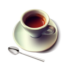 Ceramic cup with saucer and spoon. Vector realistic illustration of a cup with coffee. Isolated object.