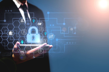 Business people protect personal information on smart phones Privacy concepts of data protection, travel transactions, cyber security networks Padlock icon and internet technology network