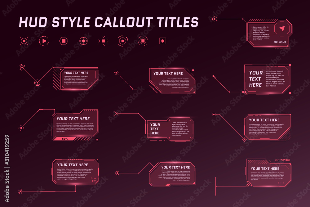 Poster hud futuristic style callout titles. information call arrow box bars and modern digital info red fra