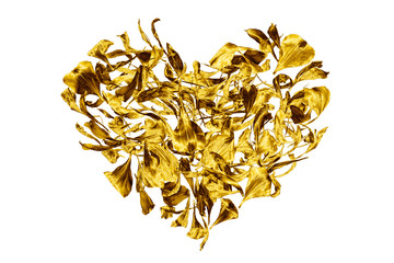 Golden heart made of flower petals on white background isolated close up, decorative gold heart shape ornament, art floral leaves pattern, yellow metallic foliage logo, love symbol, valentine day sign