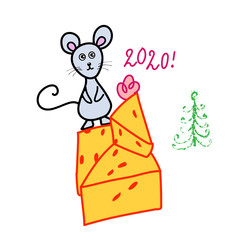 Cartoon mouse and a piece of cheese 2020 next to the Christmas tree. Vector illustration