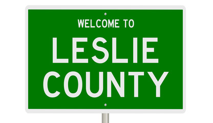 Rendering of a green 3d highway sign for Leslie County