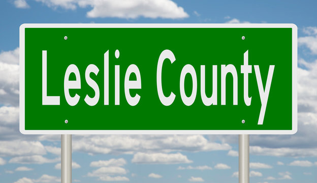 Rendering of a green 3d highway sign for Leslie County