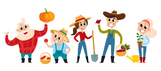 Cartoon farmers and gardeners with tools isolated on white.