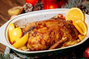 Christmas roast duck served on a festive table