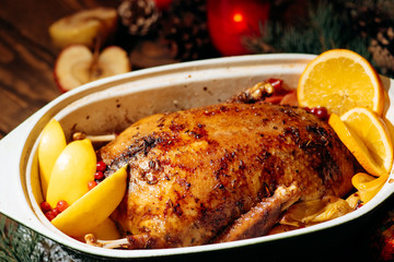 Christmas roast duck served on a festive table