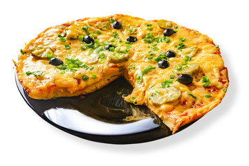 Pizza with olives on isolated white background