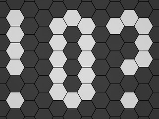 White number 0, question mark and exclamation mark in black hexagonal grid pattern 3d rendering, 3d illustration