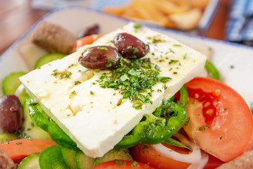 Fototapeta na wymiar Greek salad Horiatiki closeup view