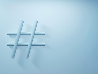 Hashtag sign on blue background; social media and creativity concept with copy space 3d rendering, 3d illustration
