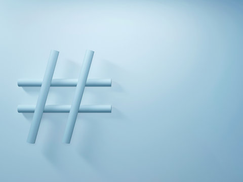 Hashtag sign on blue background; social media and creativity concept with copy space 3d rendering, 3d illustration