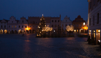 Fototapeta na wymiar Telč square at night with christmass tree. Historic town in Czech Republic. Czechia