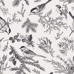 Cotton fabric Vintage seamless pattern with birds.