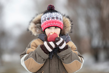 Child in the winter with fruit. Boy eating a red apple