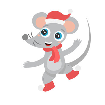 Cute mouse in a Christmas Santa costume and scarf dancing. Smiling with big eyes. flat cartoon vector illustration