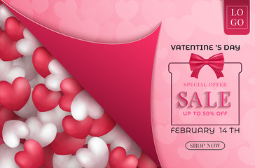 Valentine's Day sale promotion website design. and the background with red and white hearts represents love. and with seasonal deals.and can be used as illustration or backdrop.