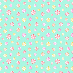 Polka dot seamless watercolor pattern. Striped sweet pink and yellow peppermint candies on mint green background for cute holiday design, textile, wrapping paper, greeting card, package, scrapbooking