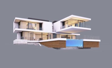 Fototapeta na wymiar 3d rendering of modern house by the river at evening isolated on gray.