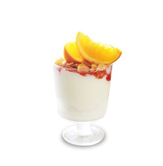 yogurt with muesli and orange in glass isolated on white background, this has clipping path.