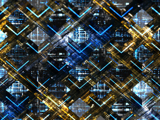 Wallpaper of futuristic metallic cubes, reflecting network of quantum algorithms, with depth of field