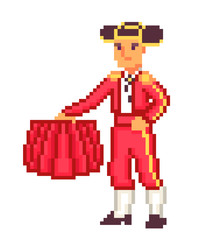 Bullfighter (toreador, matador) in a red costume with a muleta (cape), pixel art character isolated on white background.8 bit corrida symbol.Old school vintage retro slot machine/video game graphics. 