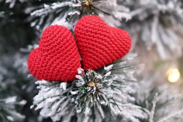 Christmas hearts, Valentine's day card, two red knitted symbols of love in the snow on fir...