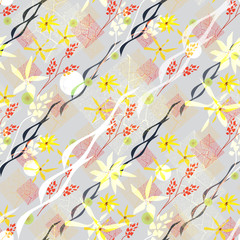 Seamless abstract pattern. Flowers, twigs, circles and squares, flowing lines. Floral grunge ornament.