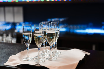 Welcome drink Champagne glasses at a christmas corporate event close up in Eastern Europe Latvia Riga