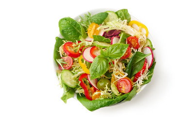 Vegan salad with tomatoes, bell peppers, radishes isolated on white background. Top view flatlay with copy space