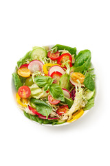 Vegan salad with tomatoes, bell peppers, radishes isolated on white background. Top view flatlay with copy space