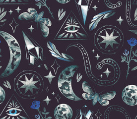 Magische und mystische Charaktere. Stock Illustration mit Mondphasen, Rose, Sternen, Feder und Nachtschmetterling. Nahtlose Muster