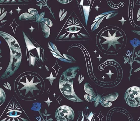 Aluminium Prints Eyes  Magical and mystical characters. Stock illustration with moon phases, rose, stars, feather and night butterfly. Seamless patterns