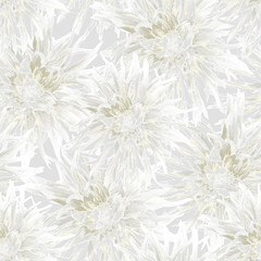 Seamless abstract pattern. Gray with white dahlias close-up.