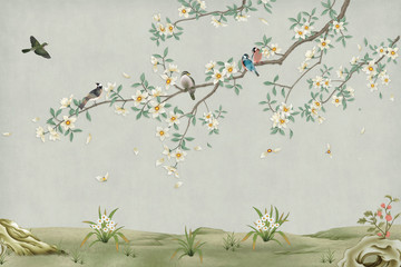 Cotton fabric 3d marble mural background light simple green wallpaper . birds in branches flowers floral background with flowers and herbs