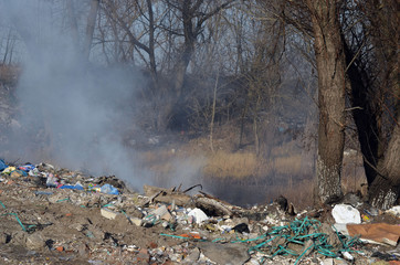 Nature near Ukrainian capital. Trash burning. Air pollution. Environmental contamination. Illegal junk dump. Near Kiev, Ukraine