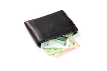 brown leather wallet with credit card (visa) and thai banknotes. Wallet with cash and credit card. Choose to buy or shoping.