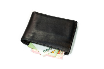 brown leather wallet with thai banknotes on white background.