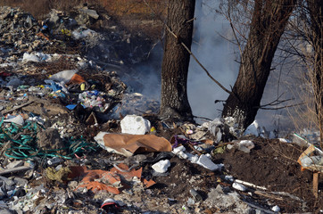 Nature near Ukrainian capital. Trash burning. Air pollution. Environmental contamination. Illegal junk dump. Near Kiev, Ukraine