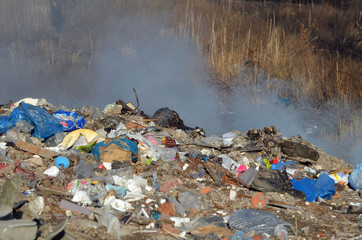 Nature near Ukrainian capital. Trash burning. Air pollution. Environmental contamination. Illegal junk dump. Near Kiev, Ukraine