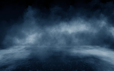 Texture of dark concrete floor with fog or fog. Dark street, neon light.