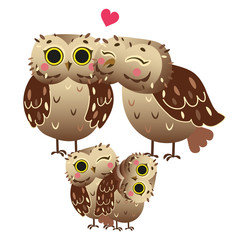 Cute cartoon owl family vector image. Male and female owls with their owlets. Forest animals for kids. Isolated on white background