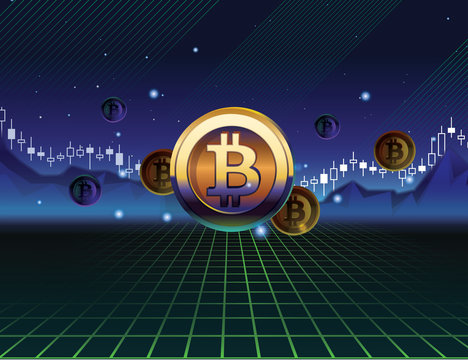 Bitcoin vector illustration. Cryptocurrency bitcoin on dark neon 3D background. 80s background. Free space fotr text.