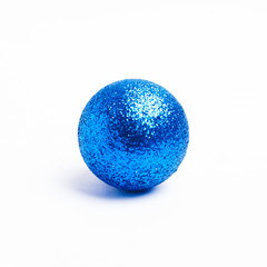 blue Christmas ball on white background, sequin ball isolated,