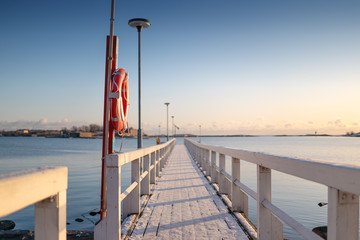 Helsinki Finland. Winter pier. Foreground in focus. The background blurred